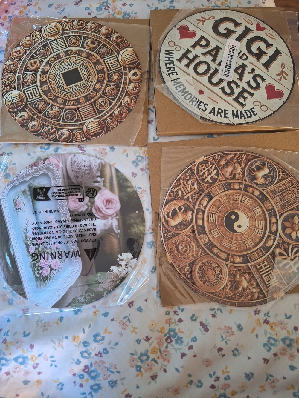 4 Decorative Round Tin Sign Plaques - Mixed Designs